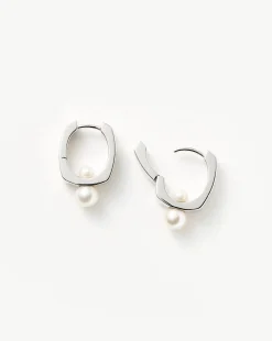 Button Pearl Square Hoop Earrings