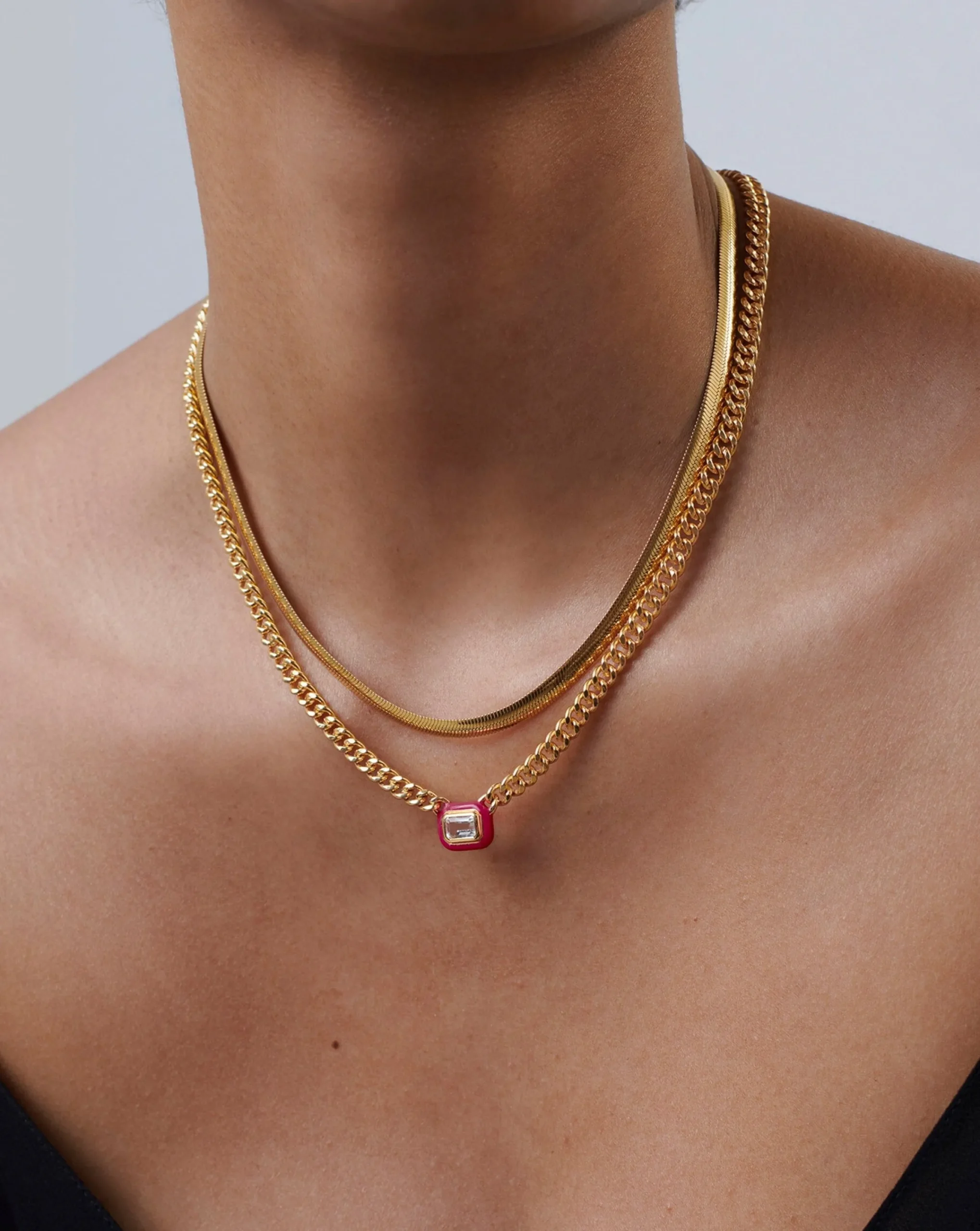 Enamel & Stone Floating Pendant Chain Necklace