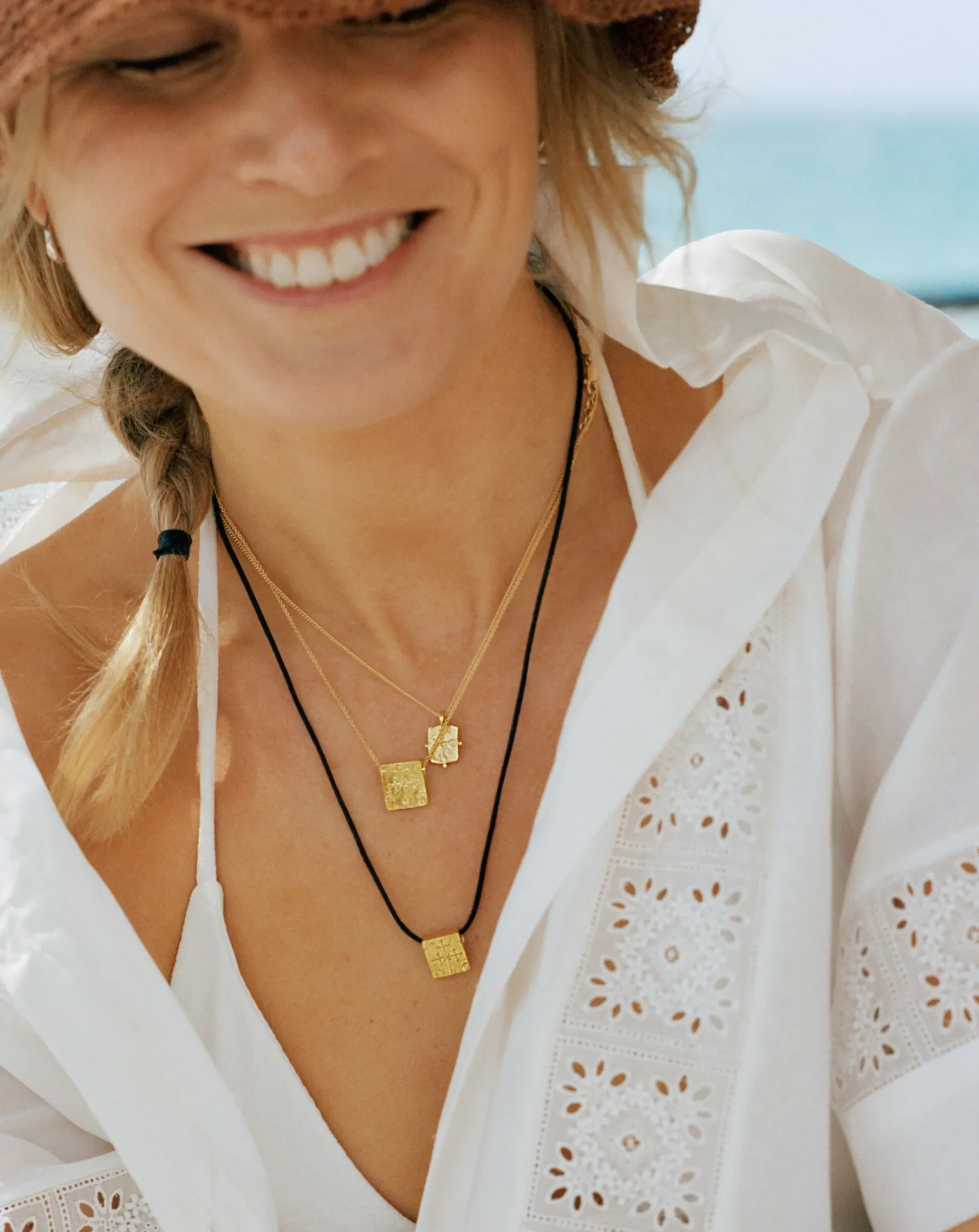 Lucy Williams Engravable Beaded Square Coin Pendant Necklace