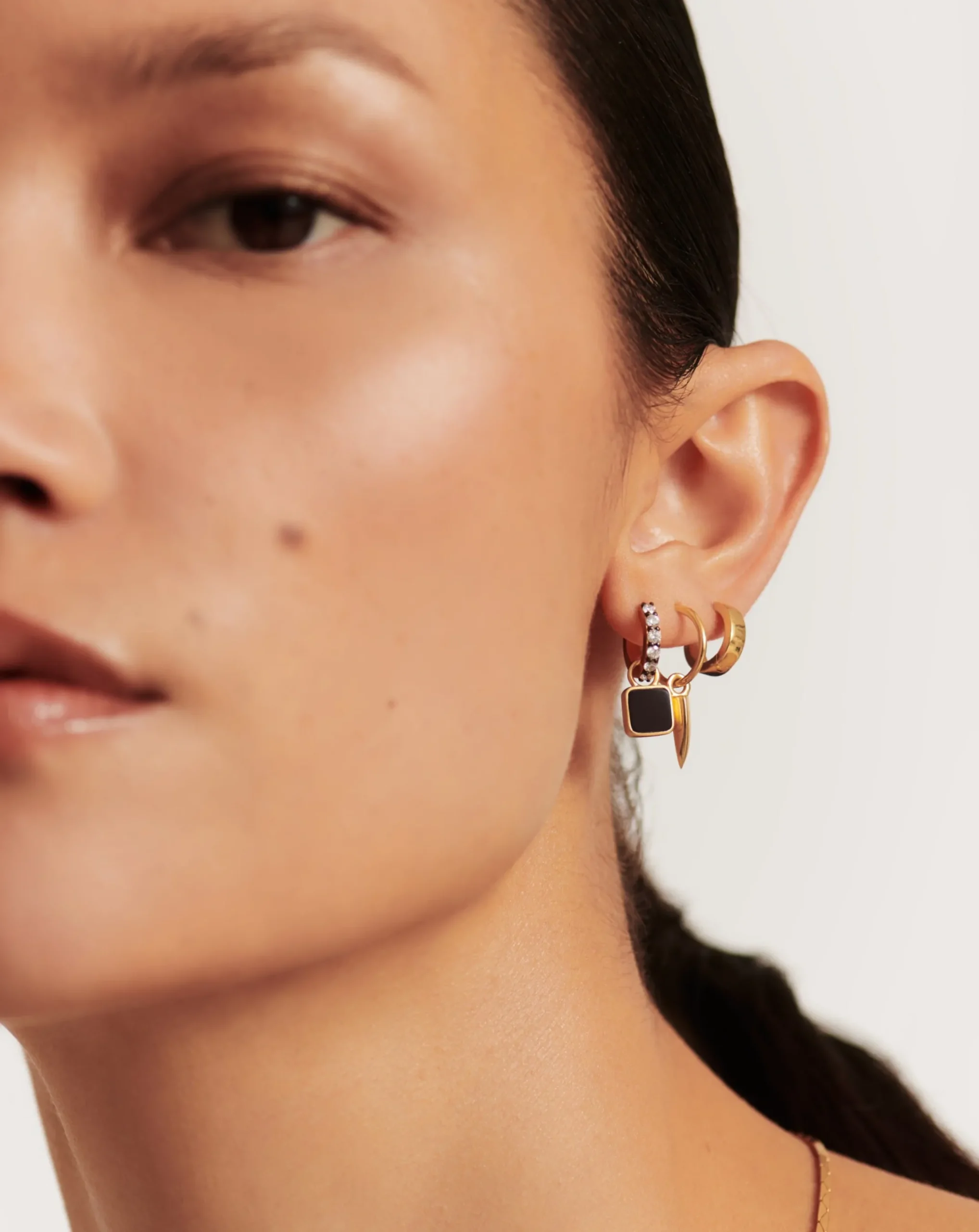 Lucy Williams Square Black Onyx Charm Hoop Earrings